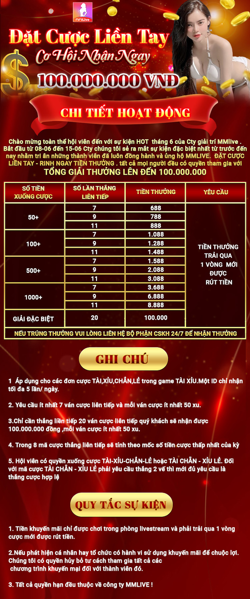 Đặt cược liền tay rinh ngay tiền thưởng giá trị siêu khủng 100 triệu đồng! 2 Bảng tiền thưởng cụ thể